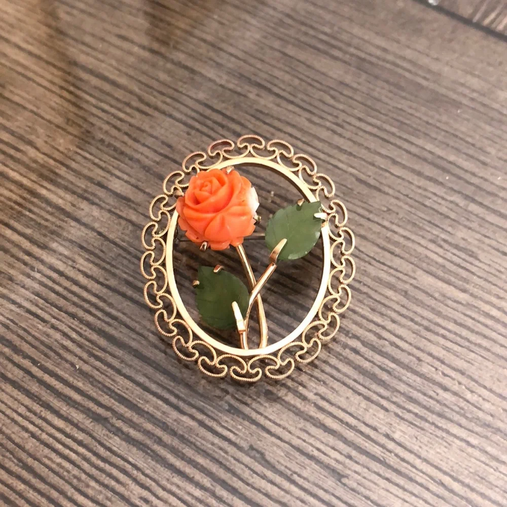 Vintage Gold Plated Coral Rose and Jade Leaves Pin